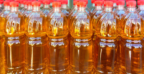 Row of bottles of fresh sunflower oil at a farmers' market. Sale of natural vegetable or palm oil, sunflower oil shortage crisis.
