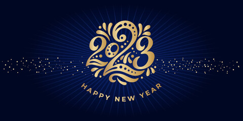 Happy New year 2023. The logo of number 2023 is in arab style with curls. Vector web banner, poster, greeting for social networks and media. Gold logo 2023 on a black background with golden sequins