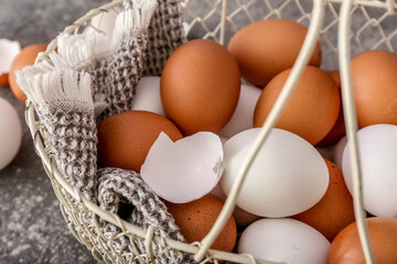 Basket with chicken eggs, closeup