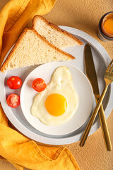 Tray with tasty breakfast on color background, closeup