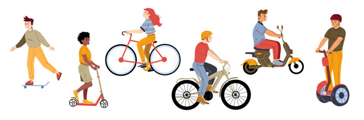 Fototapeta na wymiar People ride on different eco transport. Personal electric transport, ecological urban lifestyle. Vector flat illustration of men and women driving on bike, scooter, skateboard and hoverboard