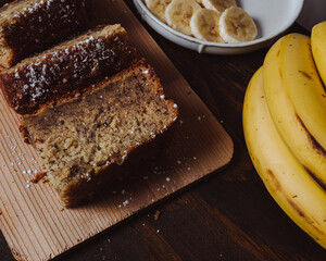 Slices of healthy homemade banana bread. close-up on the table. horizontal