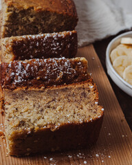 Slices of healthy homemade banana bread. close-up on the table. horizontal