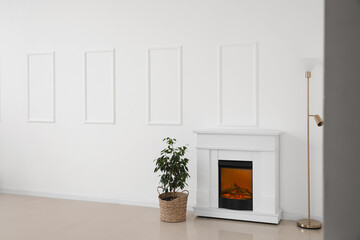 Modern fireplace with standard lamp and houseplant near light wall