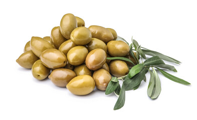 Heap of green olives and leaves on white background