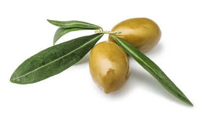 Tasty green olives and leaves on white background
