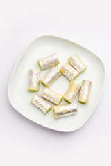 Kaju Pista Roll Or Cashew Pistachio Rolls Mithai or sigar, Indian sweet or dessert for festivals