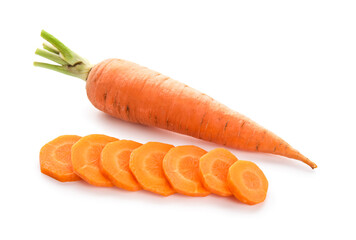 Fresh carrot and cut pieces on white background