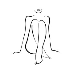 Woman Body Line Drawing. Abstract Minimal Female Figure. Naked Woman Sitting Pose Minimal Line Art Drawing. Nude Female Figure Abstract Modern Trendy Contour Illustration. Vector EPS 10.