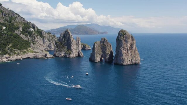 Faraglioni Sea Stack Natural Rock Formations on Capri Coast, Aerial