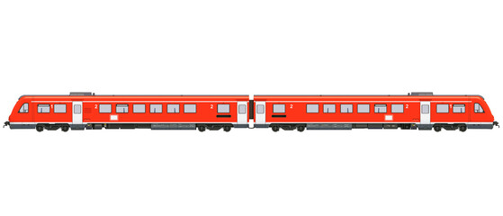 Red passenger train side view 3D rendering - obrazy, fototapety, plakaty