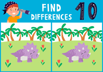 Dino illustration. Find 10 differences. Educational funny game for children. Puzzle for children, kid. Print and play. Cartoon vector illustration