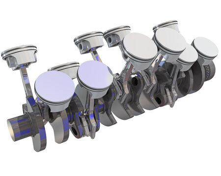 V12 Engine pistons and crankshaft on white background 3D rendering
