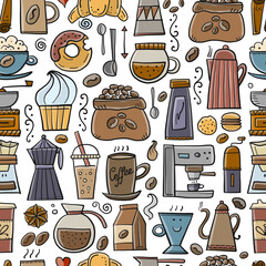 Coffee doodles, seamless pattern for your design. French press, cup of coffee, latte, cappuchino, espresso, grinder, pots, coffee beans, sweets