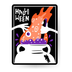 Halloween greeting card with handwritten text. Witch's hands throw ingredients into cauldron, hand-drawn in flat style. A potion is brewing in the cauldron. Illustration on black background.