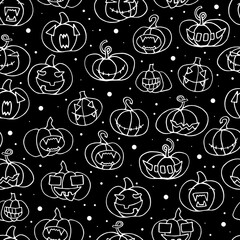 Seamless Halloween scary pumpkins pattern. Outline Funny, creepy, smiling face on black backgrounds. Doodle Autumn characters. Happy Halloween symbol. Spooky vector trick or treat party illustration