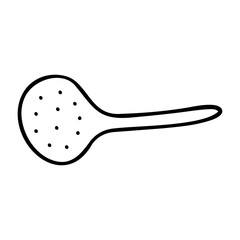 Doodle hand-drawn sifting dish. Outline sieve, skimmer, strainer isolated on white background. Cozy kitchen utensils, cute dishes for cooking. Slotted spoon, colander symbol. Vector food illustration