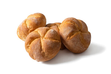 Several Kaiser buns with a golden crust, on a white background