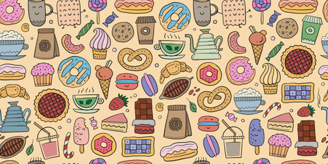 Coffee shop menu elements. Desserts and sweets. Hand drawn sketch. Seamless pattern background for your design