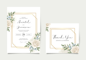 Elegant wedding invitation with yellow roses and gold geometry