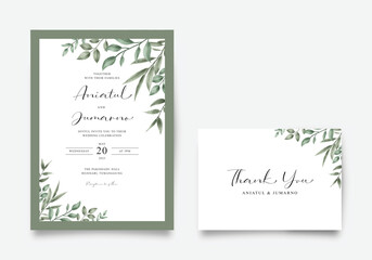 Wedding invitation card with green leaves