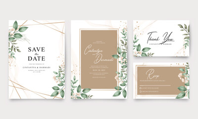 Wedding invitation set with gold geometric and watercolor floral
