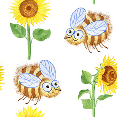 Cute bees and sunflower flowers childish funny seamless pattern. Hand drawn watercolor illustration of a flying insect over yellow flowers. Endless background. Children's print for clothes and wrappin