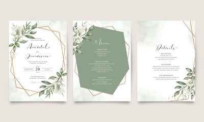 Wedding invitation set with green flowers and leaves
