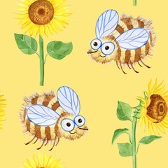 Cute bees and sunflower flowers childish funny seamless pattern. Hand drawn watercolor illustration of a flying insect over yellow flowers. Endless background. Children's print for clothes and wrappin