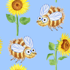 Cute bees and sunflower flowers childish funny seamless pattern. Hand drawn watercolor illustration of a flying insect over yellow flowers. Endless background. Children's print for clothes and wrappin