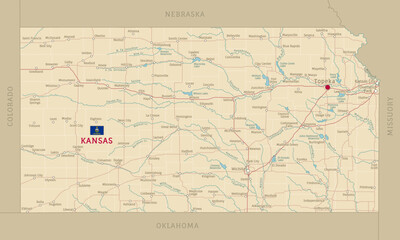 Road map of Kansas, US American federal state. Editable highly detailed Kansasian transportation map with highways and interstate roads, rivers and cities realistic vector illustration