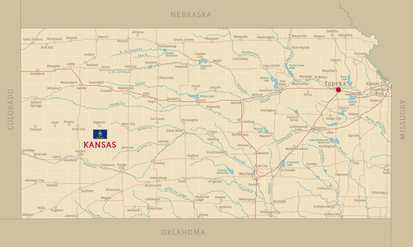 Road map of Kansas, US American federal state. Editable highly detailed Kansasian transportation map with highways and interstate roads, rivers and cities realistic vector illustration