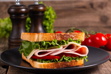 Close-up of two toasted sandwiches with fresh ham, cheese and vegetables on background. Club sandwich and take-away concept. Fast food. 
