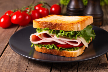 Close-up of two toasted sandwiches with fresh ham, cheese and vegetables on background. Club sandwich and take-away concept. Fast food. 