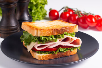 Close-up of two toasted sandwiches with fresh ham, cheese and vegetables on background. Club sandwich and take-away concept. Fast food. 