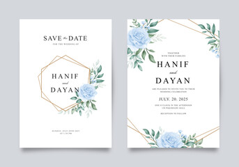 Fototapeta na wymiar Double sided wedding invitation set with geometric watercolor floral frame