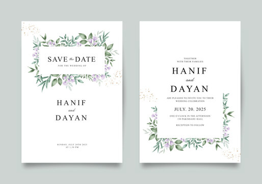 Beautiful Wedding Invitation Template With Purple Flowers And Leaves