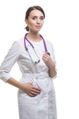 Medicine Concepts. Professional Confident Female GP Doctor Posing in Doctor's Smock and Endoscope on Shoulders Against White