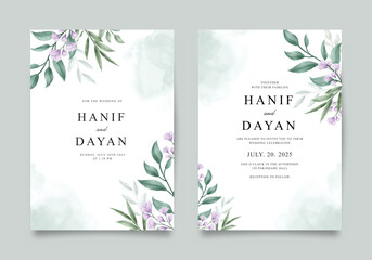 Elegant wedding invitation template with floral purple watercolor