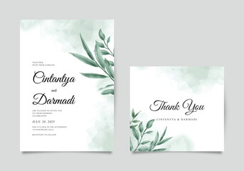 Wedding invitations set with watercolor greenery