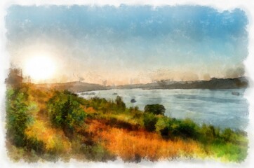 Mekong river landscape of Thailand watercolor style illustration impressionist painting.