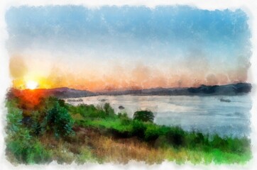 Mekong river landscape of Thailand watercolor style illustration impressionist painting.