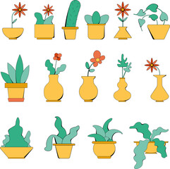 Collection of icons of home flowers in pots