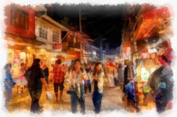 Obraz na płótnie Canvas People and lifestyle activities and colors of the tourist night market of rural Thailand watercolor style illustration impressionist painting.