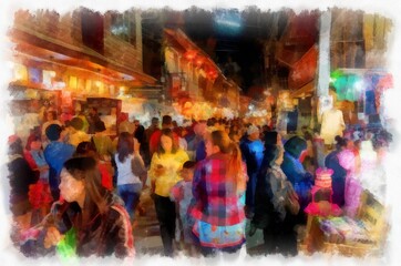 Fototapeta na wymiar People and lifestyle activities and colors of the tourist night market of rural Thailand watercolor style illustration impressionist painting.