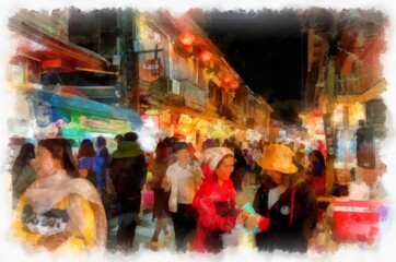 People and lifestyle activities and colors of the tourist night market of rural Thailand watercolor style illustration impressionist painting.