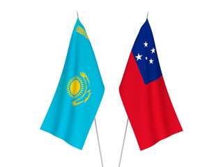 National fabric flags of Kazakhstan and Independent State of Samoa isolated on white background. 3d rendering illustration.