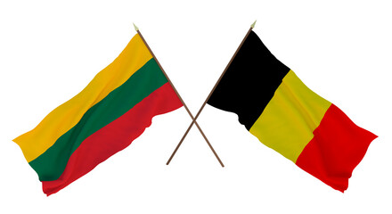 Background, 3D render for designers, illustrators. National Independence Day. Flags Lithuania and Belgium