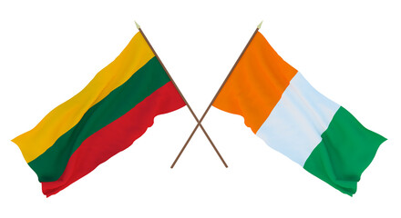 Background, 3D render for designers, illustrators. National Independence Day. Flags Lithuania and Côte d'Ivoire
