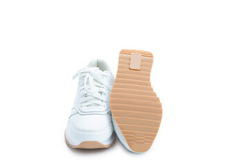 Pair of Good New Professional White Sneakers Placed Together Vice Versa Over Pure White Background